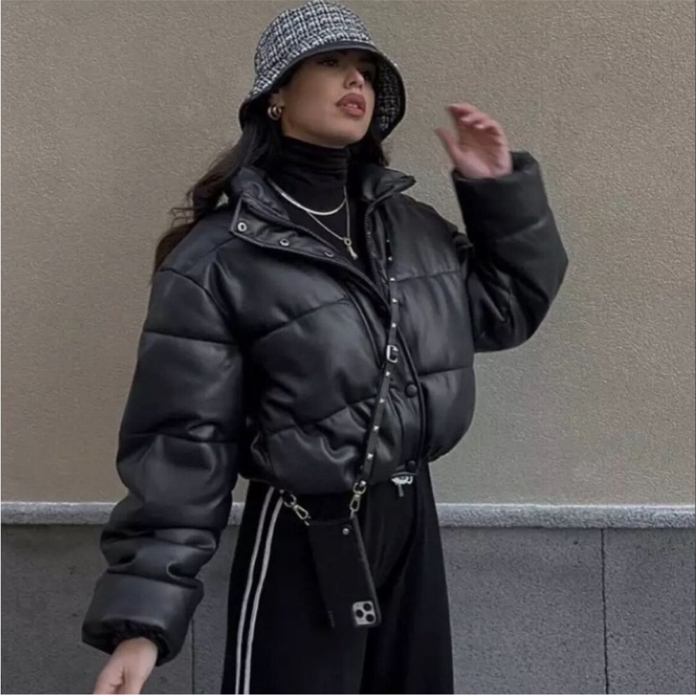 ZARA Black Faux Leather Puffer Jacket
